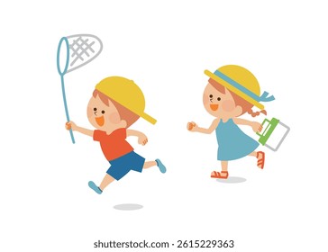 Catching insects - Children on summer vacation - Illustration material