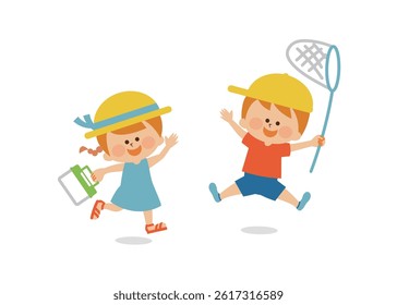 Catching insects - children on summer vacation - illustration material