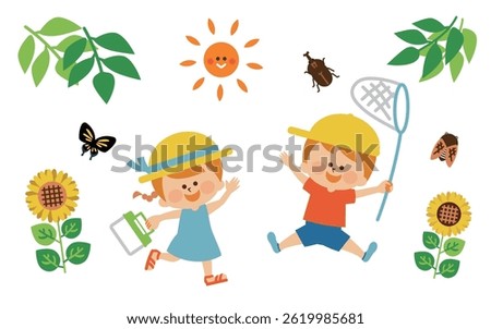 Catching insects, children on summer vacation, illustration material