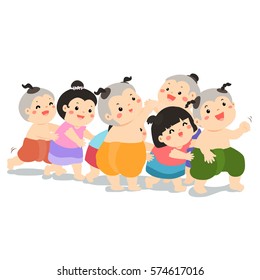 Catching the last one in the line traditional Thai Kid game cartoon illustration