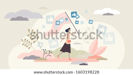 Catching likes vector illustration. Thumbs up in flat tiny persons concept. Social media symbols with butterfly net as abstract, figuratively action for self confidence positive opinion collection.