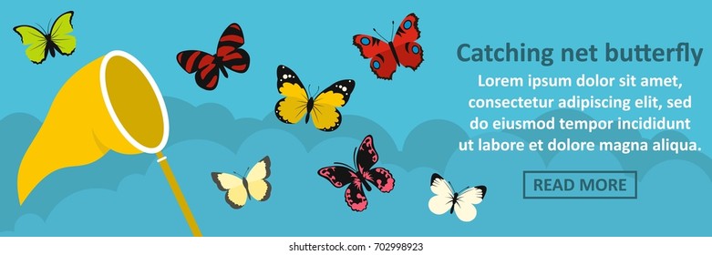 Catching net butterfly banner horizontal concept. Flat illustration of catching net butterfly banner horizontal vector concept for web