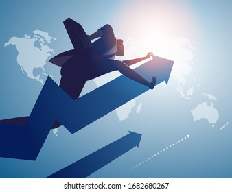 Catching the opportunity. Manager jumps on a rising arrow. Business concept vector illustration.