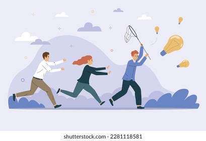 Catching people colored flat icon set three people running after abstract light bulbs of ideas vector illustration