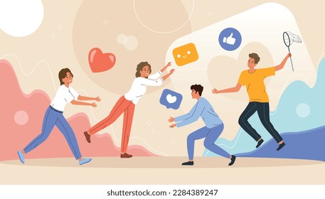 Catching people flat colored composition four people chasing likes from social media vector illustration