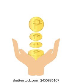 Catching Peso coins inline on hands gold color isolated on white background. Editable peso symbol coin clipart vector EPS available