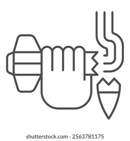 Catching rocket with bomb thin line icon, stop war concept. Vector graphics. Broken army rocket in hand sign on white background, outline style icon for mobile or web design