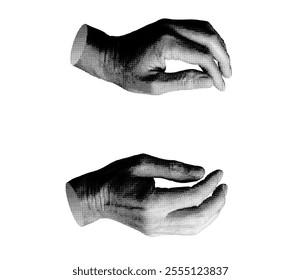 Catching, seizing, gripping, taking with both two hands isolated on white background. Halftone dotted retro style vector