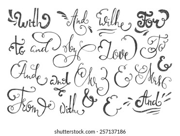 Catchwords and ampersands  hand drawn design elements set - at, mr, mrs, and, to, with.