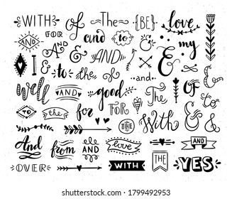 Catchwords and ampersands vector set. Hand drawn lettering elements. Doodle ampersands, catchwords, calligraphy symbols