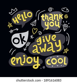 Catchwords set. Hand drawn lettering  for promotion in speech bubbles and hand drawn stickers. Vector illustration in gray and yellow. Trendy colors of 2021. Free gift raffle, win a freebies.