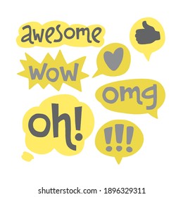 Catchwords set. Hand drawn lettering  for promotion in speech bubbles and hand drawn stickers. Vector illustration in gray and yellow. Trendy colors of 2021. Free gift raffle, win a freebies.