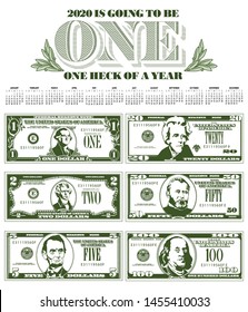 Catchy 2020 calendar with six detailed, stylized drawings of bills to choose from 
