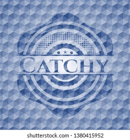 Catchy blue emblem or badge with geometric pattern background.
