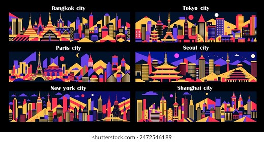 Catchy city graphics New York Paris Bangkok Tokyo Seoul Shanghai