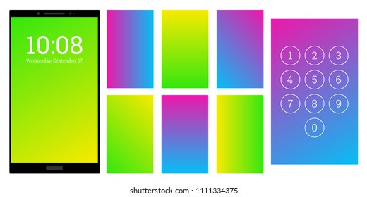 Catchy colors gradient screen backgrounds set. Green and blue numpad and screensaver kit. Vector wallpaper UI template for smartphone display. Device or gadget GUI for app, home or lock screen.