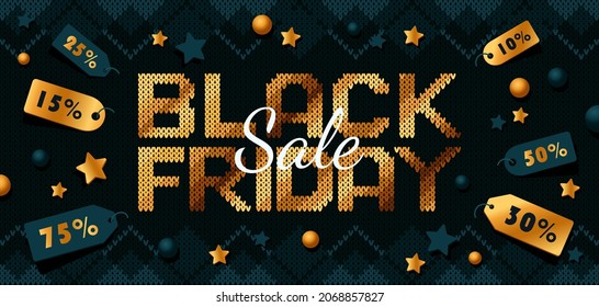 Fangen Sie Horizontal Black Friday Ad. Kontrast Kopienraum Vektorzusammensetzung auf schwarz gestrickter Textur mit goldenem BLACK FRIDAY Text und Rabattmarken. Horizontales Poster, Flyer, Webbanner, Header