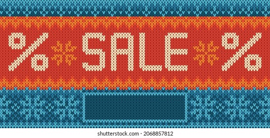 Catchy Horizontal Sale ad. Cozy copy space vector template on red and blue knitted ornament with snowflakes and SALE text. Horizontal poster, flyer, web banner, header