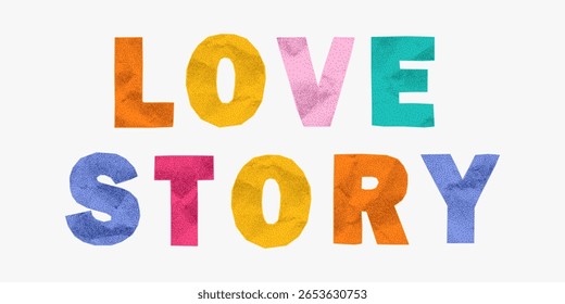 Catchy quote love story in colorful paper letters with jagged edges. Crumpled texture, sticker look, ransom style layout, gritty collage charm, creative lettering.