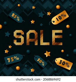 Catchy Sale ad banner. Contrast copy space vector composition on black knitted texture with golden SALE text and discount labels. Square web banner, poster, flyer, social media post