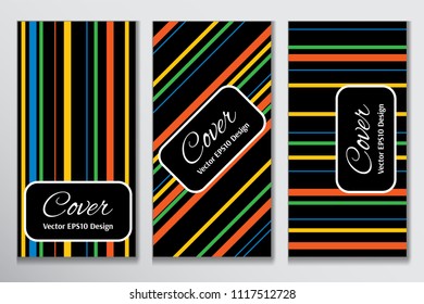 Catchy vector cover band front page. Colorful strip on black background layout for corporate purpose. Contrast cover for header page of booklet.
