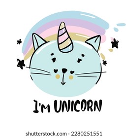 Catcorn. Lovely cartoon cat unicorn face and lettering text on white background. Cute vector for clothing print and children t-shirt for girl