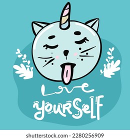 Catcorn. Lovely cartoon cat unicorn face and lettering text on white background. Cute vector for clothing print and children t-shirt for girl