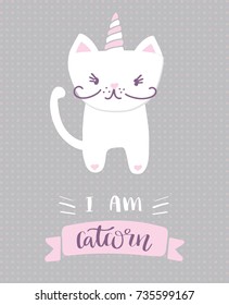 I am catcorn. Lovely, cartoon cat unicorn and lettering text on polca dot background. Cute vector for clothing print, children print on t-shirt for girl.