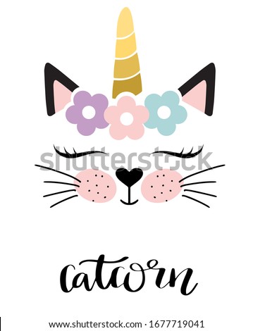 Catcorn. Lovely cartoon cat unicorn face and lettering text on white background. Cute vector for clothing print and children t-shirt for girl.