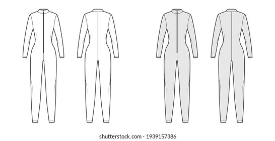 Catcuit Dungaree overall technical fashion illustration with full length, zipper closure, fitted body, long sleeves. Flat apparel garment front back, white, grey color style. Women unisex CAD mockup