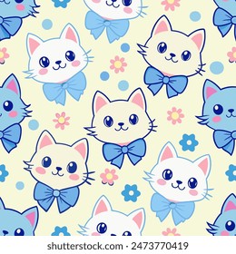 cat,cute whiskers,beautiful big blue ribbon,cream background and daisies seamless pattern. Cartoon kittens.Cats heads emoticons design for fabric textiles postcards .Feline domestic trendy pet.