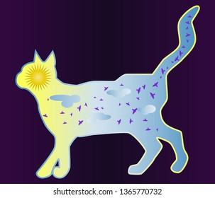 Cat-day. Silhouette of a cat painted with a day sky, with clouds, sun, birds