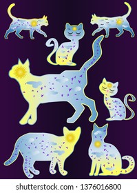 Cat-day. Silhouette of a cat painted with a day sky, with clouds, sun, birds