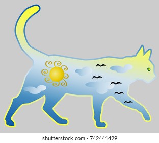 Cat-day. Silhouette of a cat painted with a day sky, with clouds, sun, birds