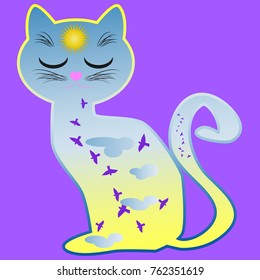 Cat-day. Silhouette of a cat painted with a day sky, with clouds, sun, birds