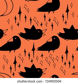 Cate hand drawn Halloween seamless vector pattern with ravens