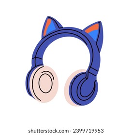 Cat-eared headphones. Wireless cordless head phones, modern cute design. Audio device, music accessory. Electronic sound equipment. Flat vector illustration isolated on white background