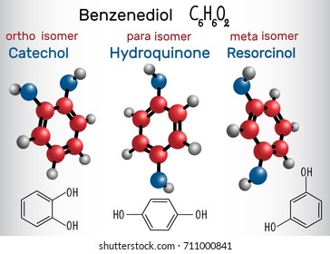 Catechol, resorcinol , hydroquinone  molecule - structural chemical formula and model.
Meta , ortho,  para  benzenediol isomers. Vector illustration
