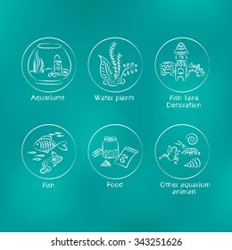 Categories of aquarium products for the pet store. Set of icons on the aquarium  shop.