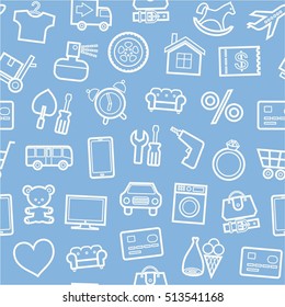 Categories of goods, Internet-shop, seamless background, light blue. Vector white outline icons industrial products. Colored, flat background. 