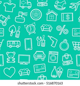 Categories of goods, Internet-shop, seamless background, green. Vector white outline icons of industrial goods on a green background. Plain, flat background. 