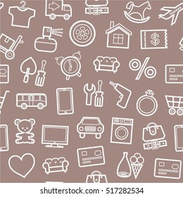 Categories of goods, Internet-shop, seamless pattern, brown. Vector white outline icons industrial goods in the gray-brown background. Plain, flat background. 