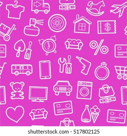 Categories of goods, Internet-shop, seamless pattern, pink. Vector white outline icons of industrial goods on a pink background. Plain, flat background. 