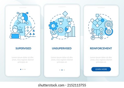 Categories of machine learning blue onboarding mobile app screen. Walkthrough 3 steps graphic instructions pages with linear concepts. UI, UX, GUI template. Myriad Pro-Bold, Regular fonts used