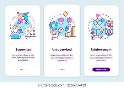 Categories of machine learning onboarding mobile app screen. Walkthrough 3 steps graphic instructions pages with linear concepts. UI, UX, GUI template. Myriad Pro-Bold, Regular fonts used