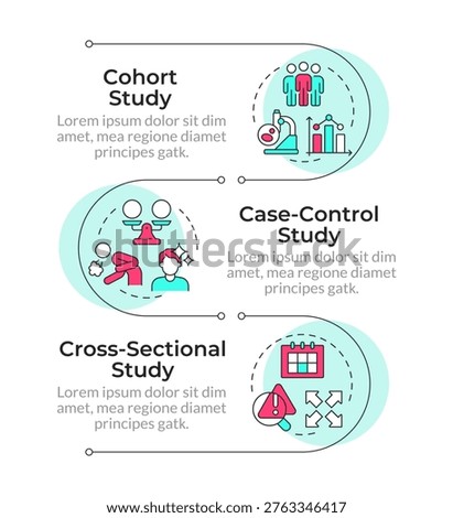 Categories of observational studies infographic vertical sequence. Statistical analysis. Visualization infochart with 3 steps. Circles workflow