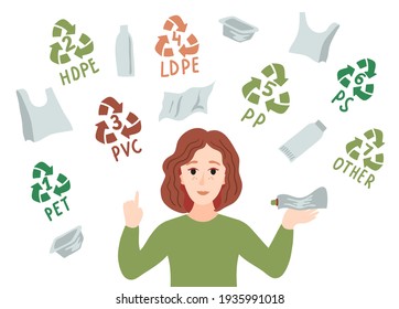 Categories of plastic types. Types of plastic marking. A girl sorts plastic garbage. Sorting plastic waste for recycling. 
