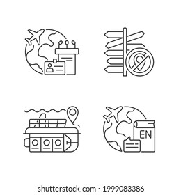 Categories Of Travel Linear Icons Set. MICE Tourism. Business Trip. English Teaching Abroad. Customizable Thin Line Contour Symbols. Isolated Vector Outline Illustrations. Editable Stroke