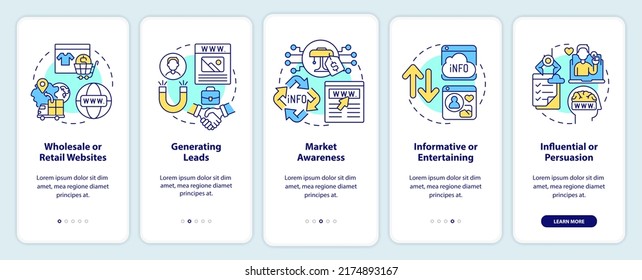 Categories of websites onboarding mobile app screen. Market awareness walkthrough 5 steps editable graphic instructions with linear concepts. UI, UX, GUI template. Myriad Pro-Bold, Regular fonts used