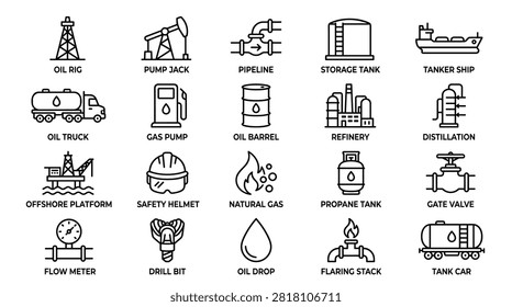 Categorized oil and gas sector line icons with text descriptions, professional symbols for petroleum extraction and refinery operations, heavy equipment and transportation methods for energy industry, minimalist graphic set for educational and commercial business use.